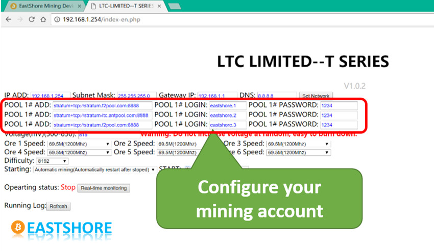 Litecoin Miner A4 Dominator configure mining account