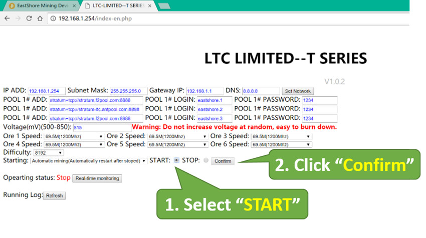 Litecoin Miner A4 Dominator confirm setting