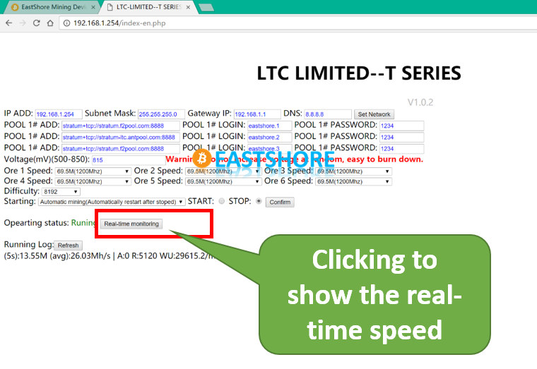 Litecoin Miner A4 Dominator shown real time mining details