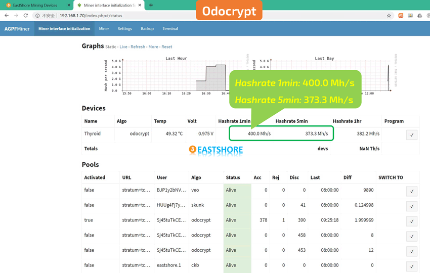 FPGA Miner AGPF SK1 Odocrypt Hash Speed Test